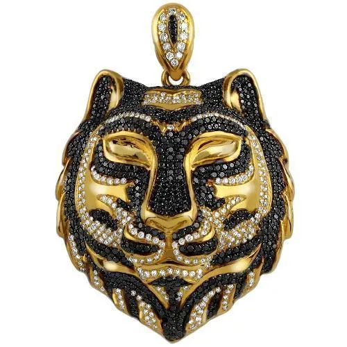 14K Solid Yellow Gold Mens Custom Design Diamond Tiger Pendant With White And Black Diamonds 9.00 Ctw