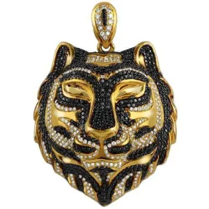 14K Solid Yellow Gold Mens Custom Design Diamond Tiger Pendant With White And Black Diamonds 9.00 Ctw
