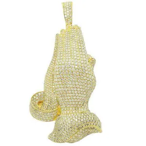 14K Solid Yellow Gold Mens Diamond Praying Hands Pendant 15.00 Ctw