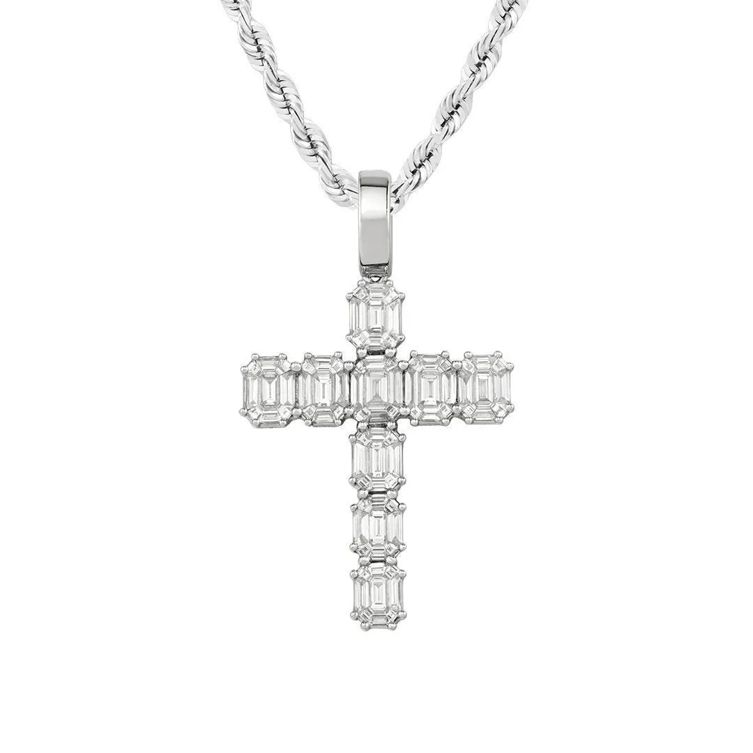 14k White Gold Diamond Emerald Cut Cross Pendant 4.50 Ctw