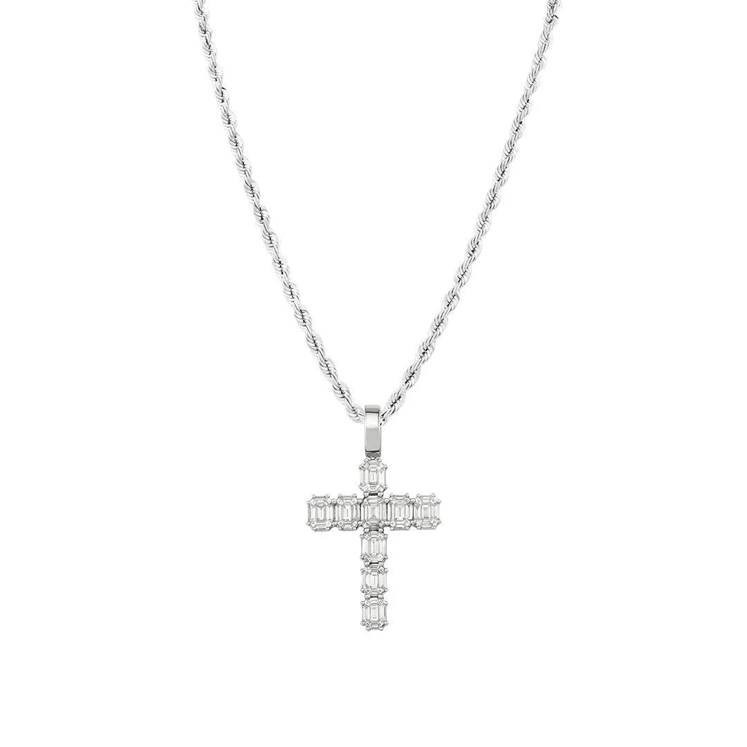 14k White Gold Diamond Emerald Cut Cross Pendant 4.50 Ctw