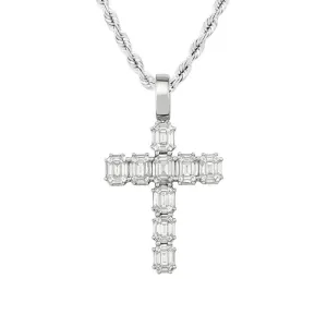14k White Gold Diamond Emerald Cut Cross Pendant 4.50 Ctw