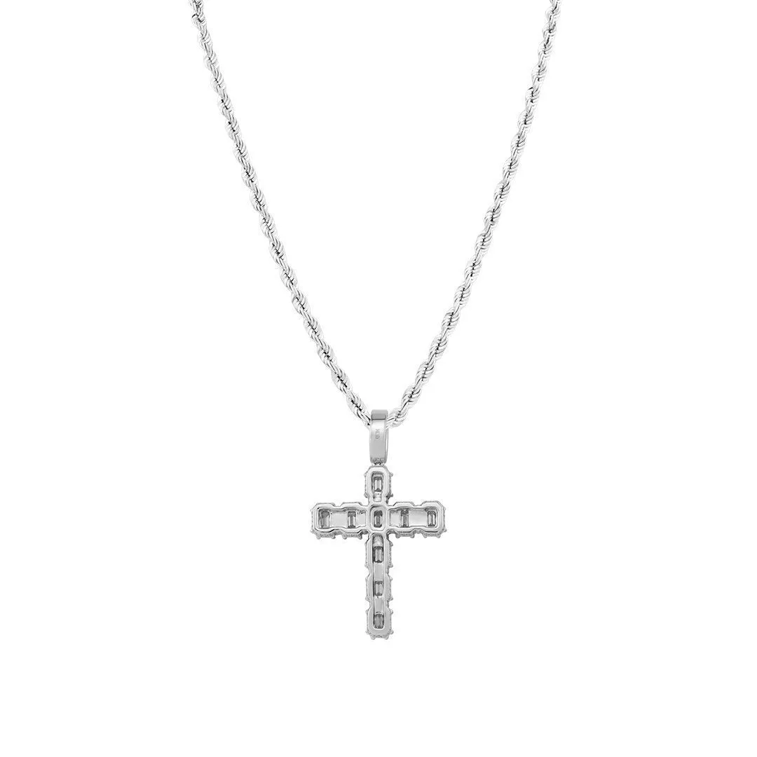 14k White Gold Diamond Emerald Cut Cross Pendant 4.50 Ctw