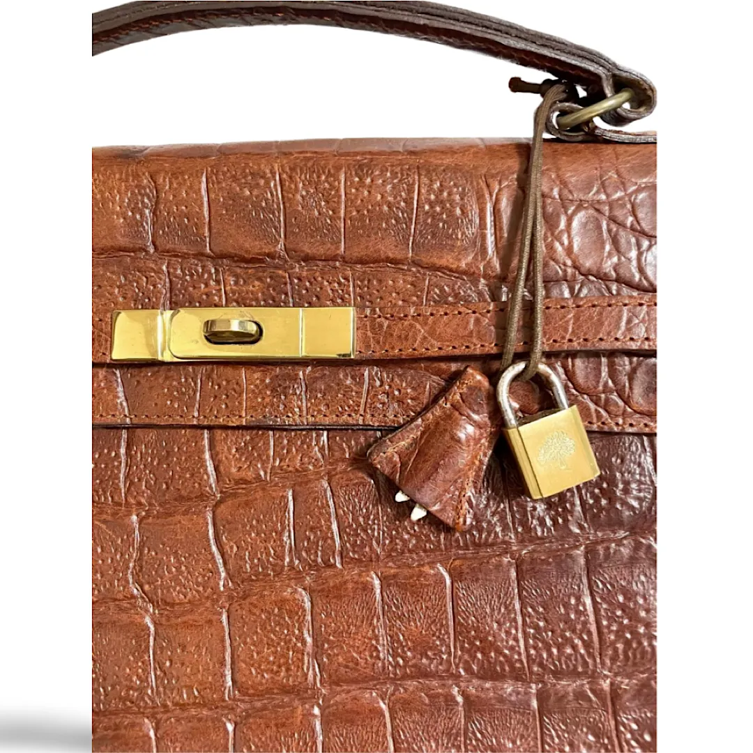 80s Vintage Mulberry croc embossed leather Kelly bag. Rare masterpiece you must get. 061003re1