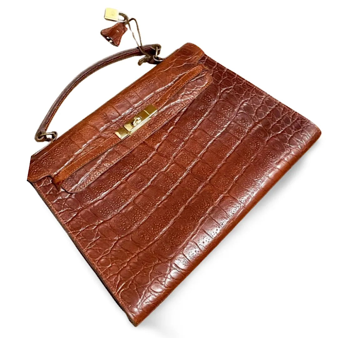 80s Vintage Mulberry croc embossed leather Kelly bag. Rare masterpiece you must get. 061003re1