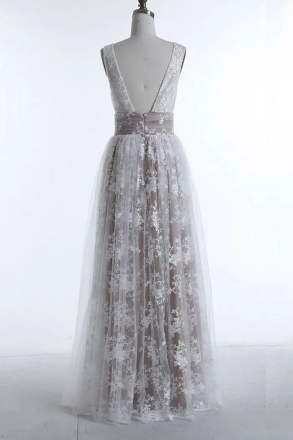 A-Line Deep V-Neck Champagne Tulle Backless Prom Dress with Lace P54