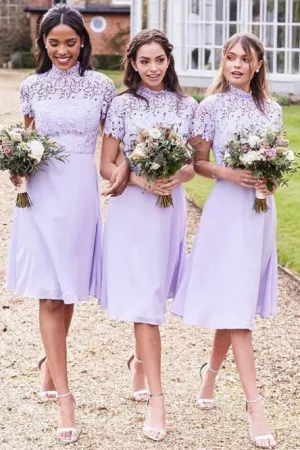 A-Line High Neck Knee-Length Chiffon Bridesmaid Dress with Lace OHS053