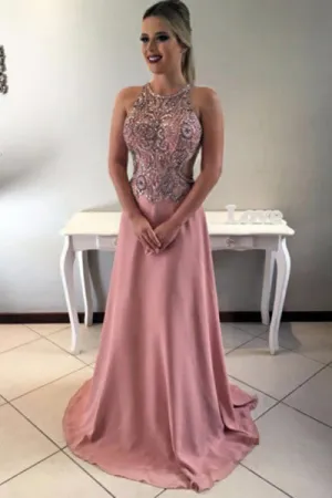 A-Line Jewel Sweep Train Criss-Cross Straps Blush Satin Prom Dress with Beading Q95