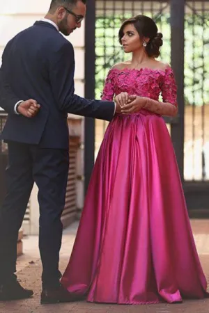 A-line Off the Shoulder Long Sleeves Sweep Train Fuchsia Prom Dress with Appliques D014