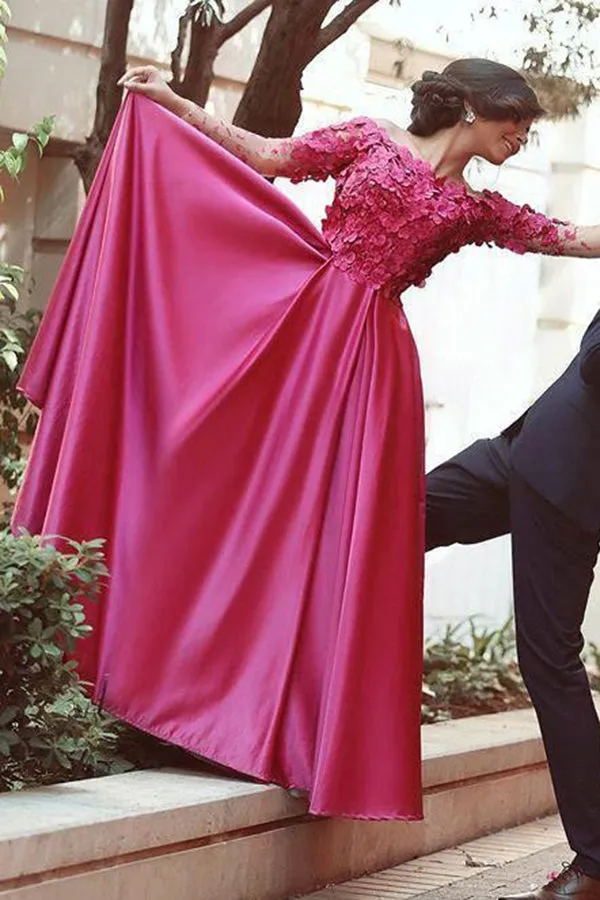 A-line Off the Shoulder Long Sleeves Sweep Train Fuchsia Prom Dress with Appliques D014