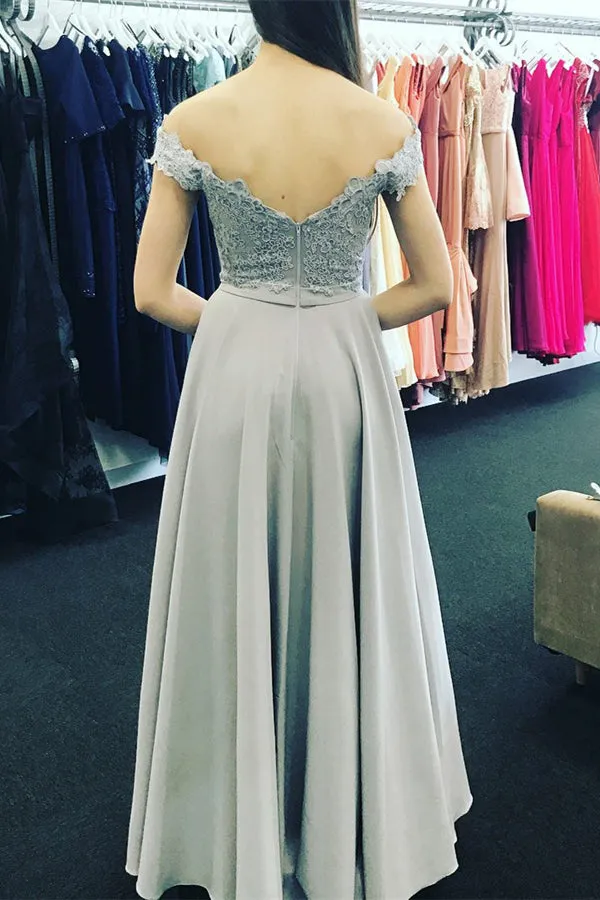 A-Line Off-the-Shoulder Sweep Train Grey Chiffon Prom Dress with Appliques Q57