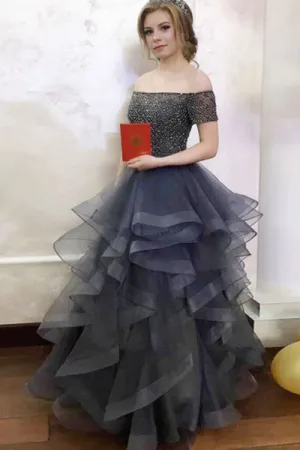 A-Line Off-the-Shoulder Sweep Train Tulle Prom Dress with Beading Ruffles C014