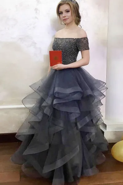 A-Line Off-the-Shoulder Sweep Train Tulle Prom Dress with Beading Ruffles C014