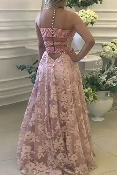 A-Line Scoop Sweep Train Pink Lace Open Back Sleeveless Prom Dress with Beading C023