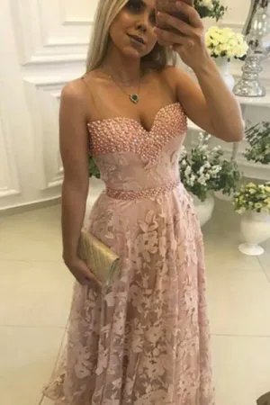 A-Line Scoop Sweep Train Pink Lace Open Back Sleeveless Prom Dress with Beading C023