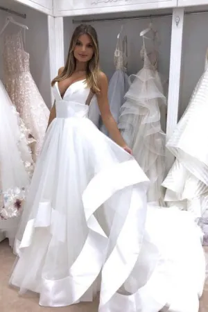 A-Line Spaghetti Straps Sweep Train Tulle Wedding Dress Bridal Gown OHD073