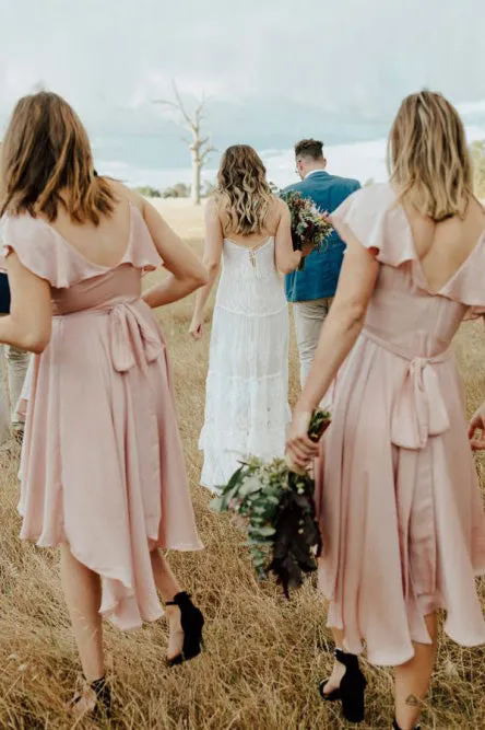 A-Line V-Neck Hi-Low Chiffon Bridesmaid Dress with Ruffles Sash OHS089