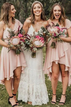 A-Line V-Neck Hi-Low Chiffon Bridesmaid Dress with Ruffles Sash OHS089