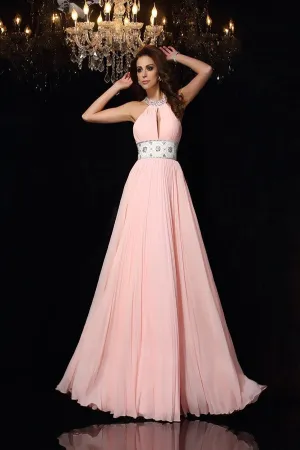 A-Line/Princess High Neck Pleats Sleeveless Long Chiffon Prom Dresses LPD019