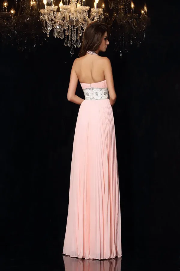 A-Line/Princess High Neck Pleats Sleeveless Long Chiffon Prom Dresses LPD019