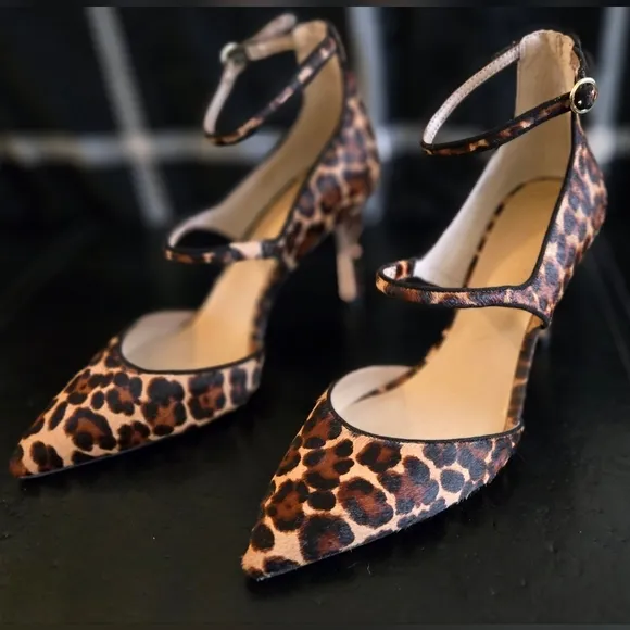 Ann Taylor Leopard Hair on Animal Print Pointed Toe Strappy Stiletto Heels EUC