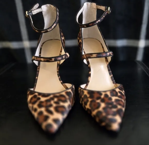 Ann Taylor Leopard Hair on Animal Print Pointed Toe Strappy Stiletto Heels EUC
