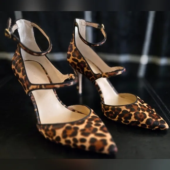 Ann Taylor Leopard Hair on Animal Print Pointed Toe Strappy Stiletto Heels EUC