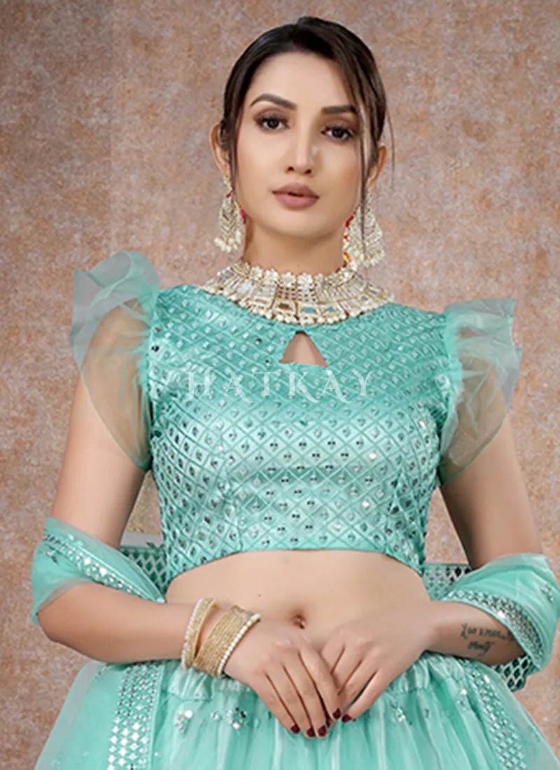 Aqua Blue Mirror Work Embroidery Net Lehenga Choli