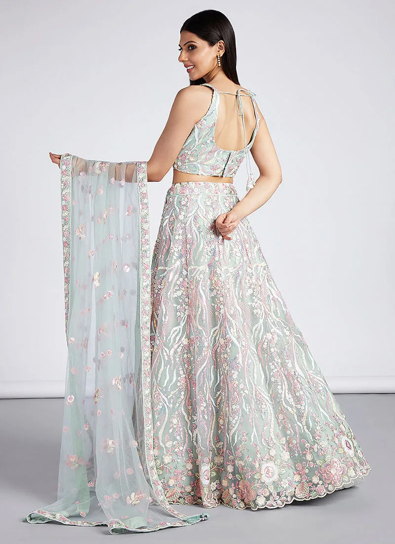 Aqua Blue Multi Embroidery Lehenga Choli And Dupatta