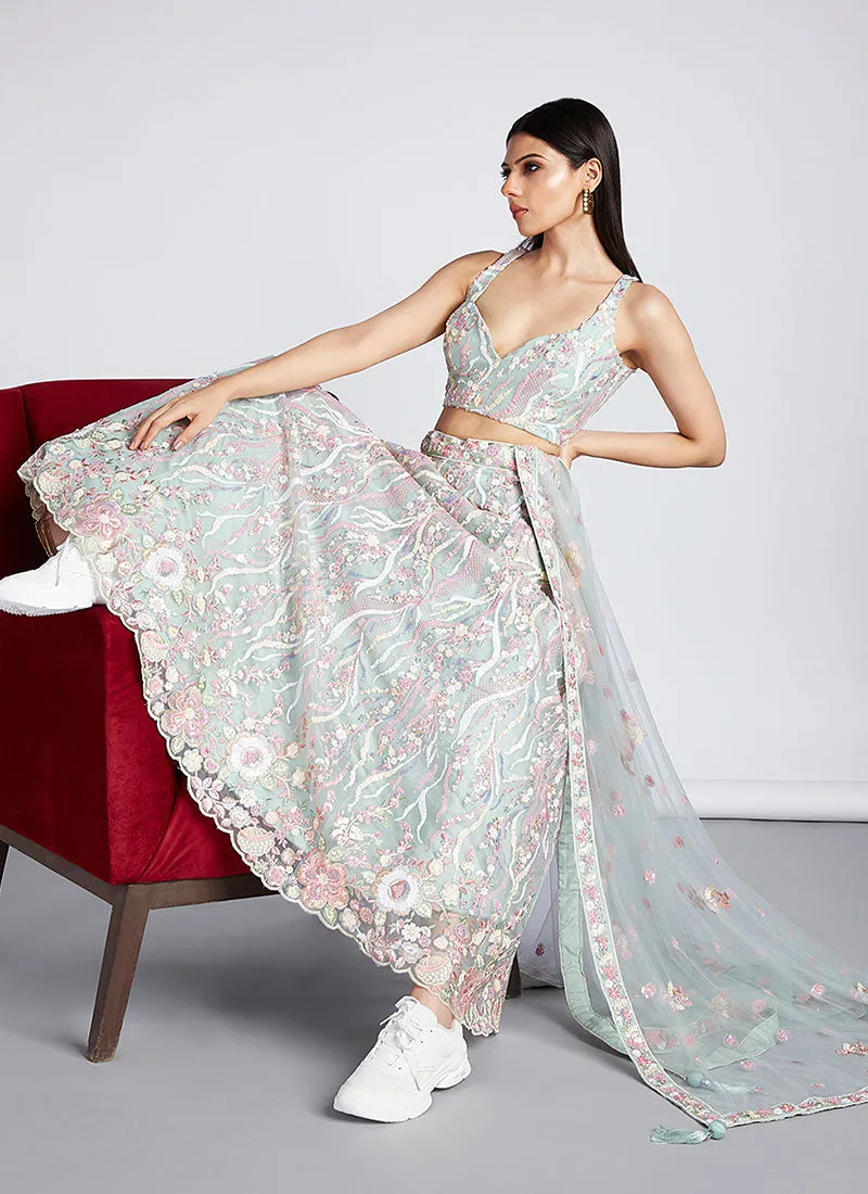 Aqua Blue Multi Embroidery Lehenga Choli And Dupatta