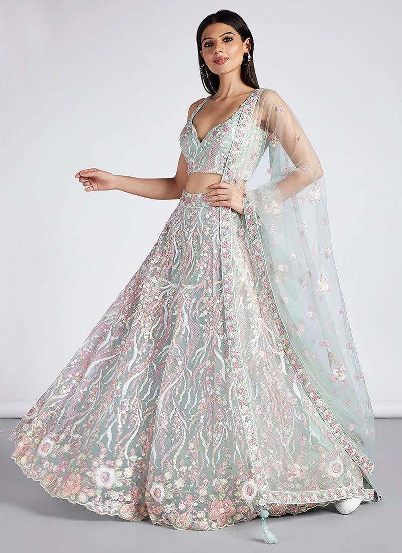Aqua Blue Multi Embroidery Lehenga Choli And Dupatta