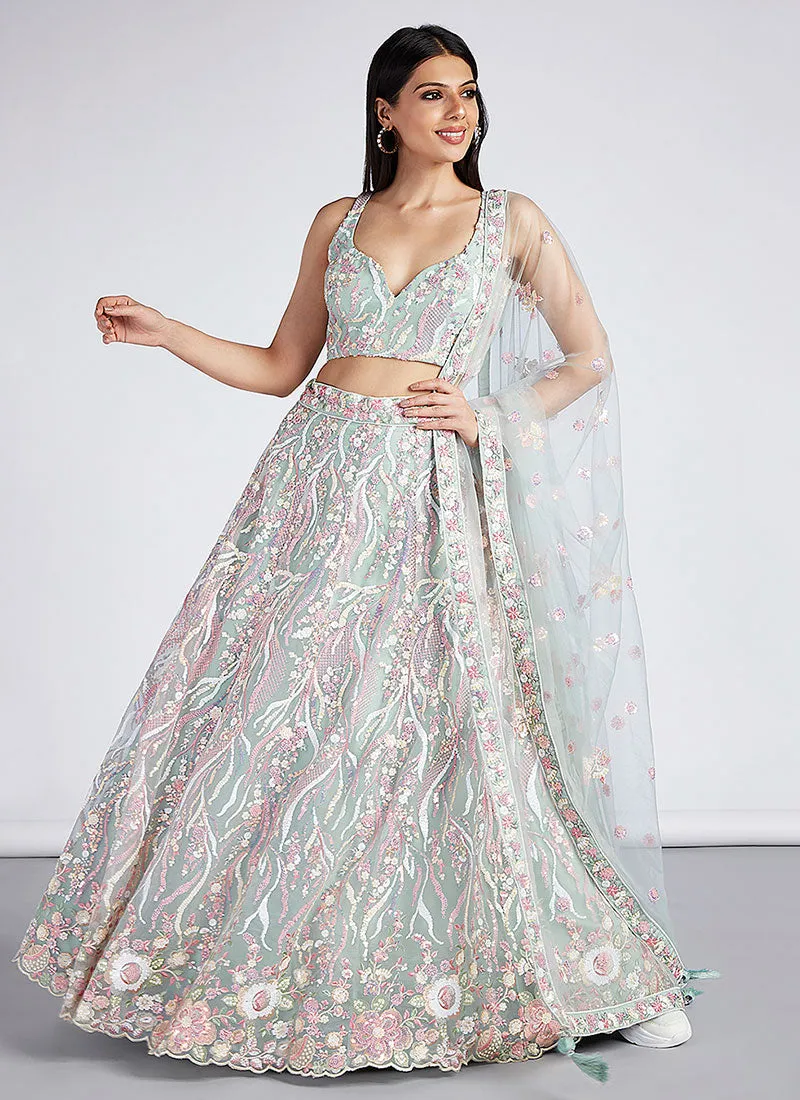 Aqua Blue Multi Embroidery Lehenga Choli And Dupatta