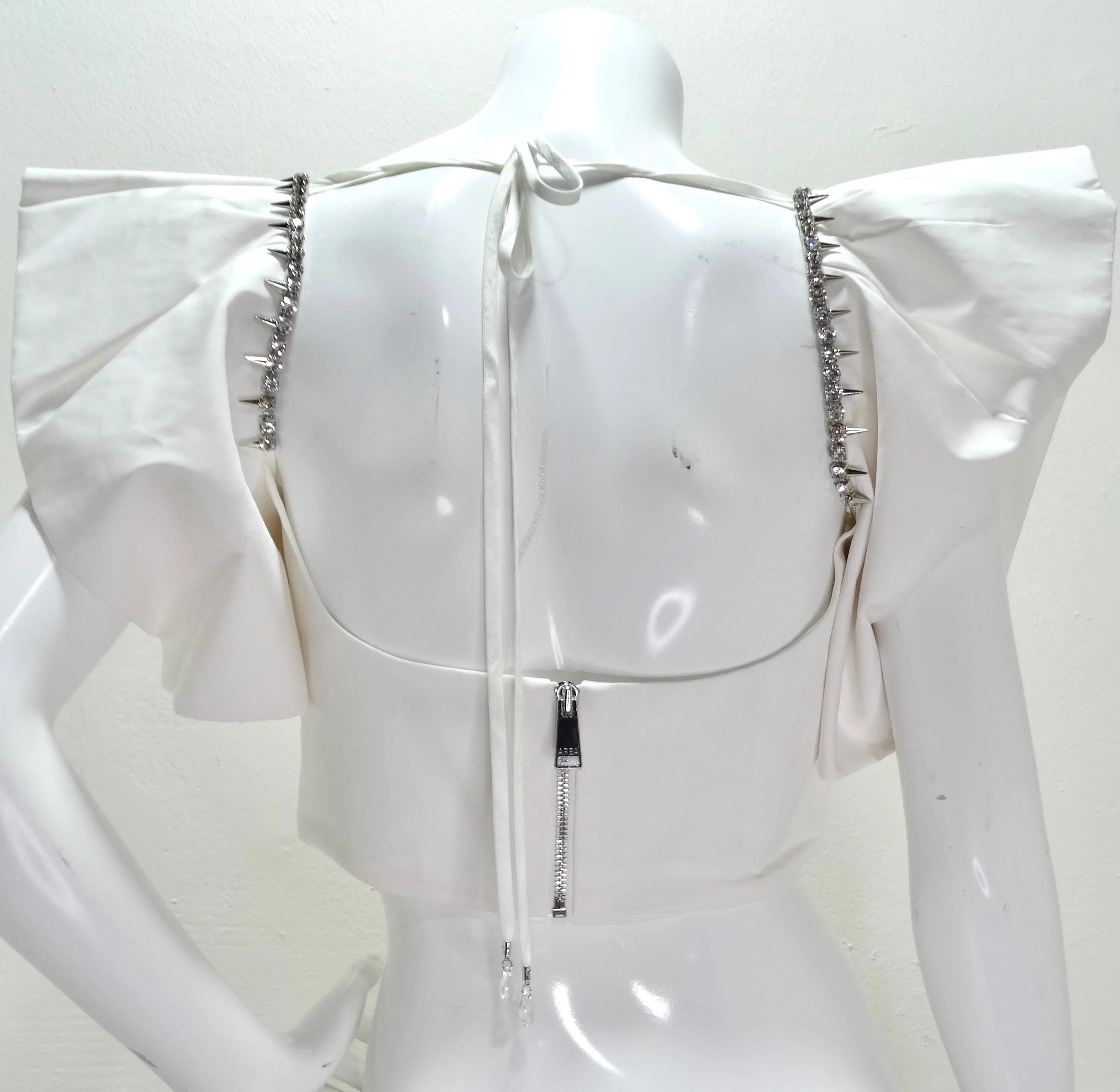 Area Crystal-Trim Ruffle Crop Bustier Top