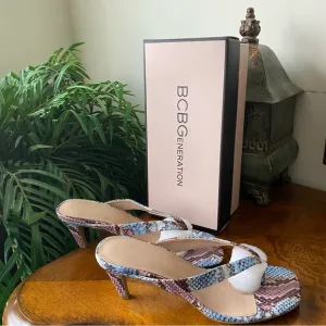 BCBGeneration Tabina Snakeskin Sandal Heels