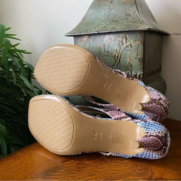 BCBGeneration Tabina Snakeskin Sandal Heels