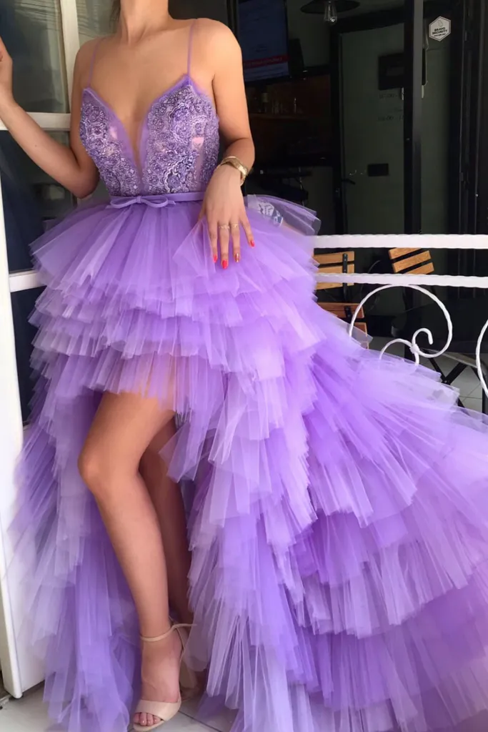 Beautiful High Low Spaghetti Straps Sweep Train Sleeveless Long Tulle Prom/Evening Dress OHC232