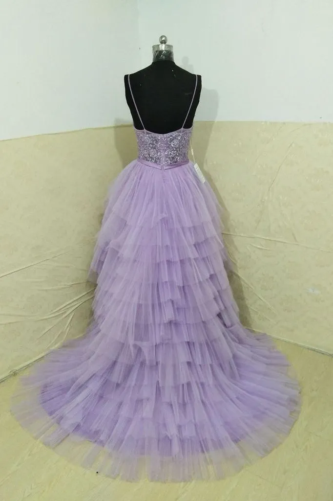 Beautiful High Low Spaghetti Straps Sweep Train Sleeveless Long Tulle Prom/Evening Dress OHC232