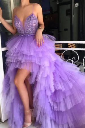 Beautiful High Low Spaghetti Straps Sweep Train Sleeveless Long Tulle Prom/Evening Dress OHC232