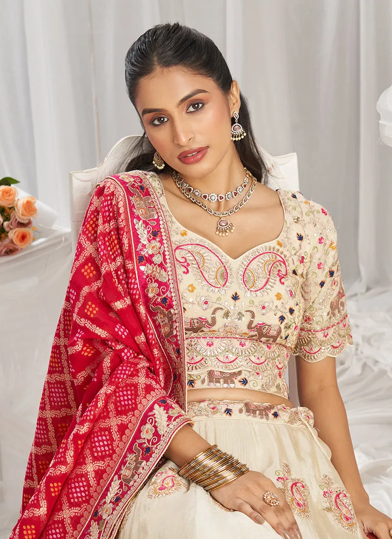 Beige And Magenta Multi Embroidery Bridal Lehenga Choli