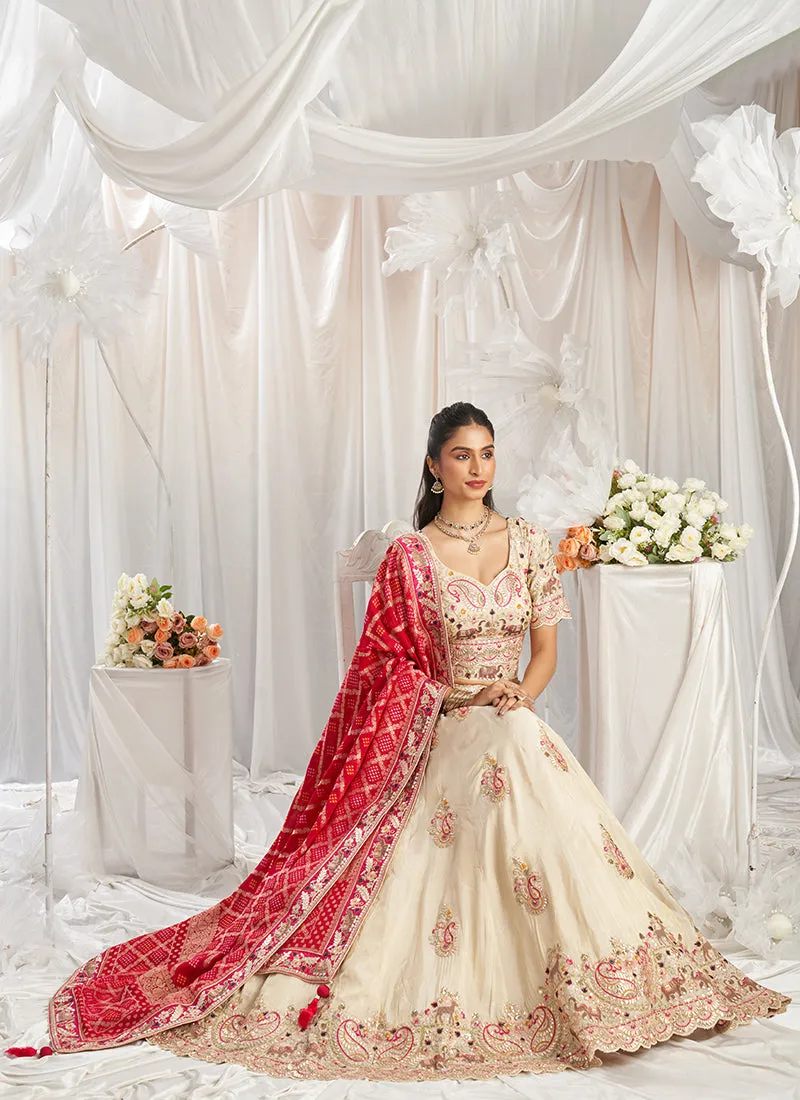 Beige And Magenta Multi Embroidery Bridal Lehenga Choli