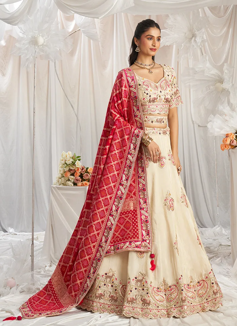 Beige And Magenta Multi Embroidery Bridal Lehenga Choli