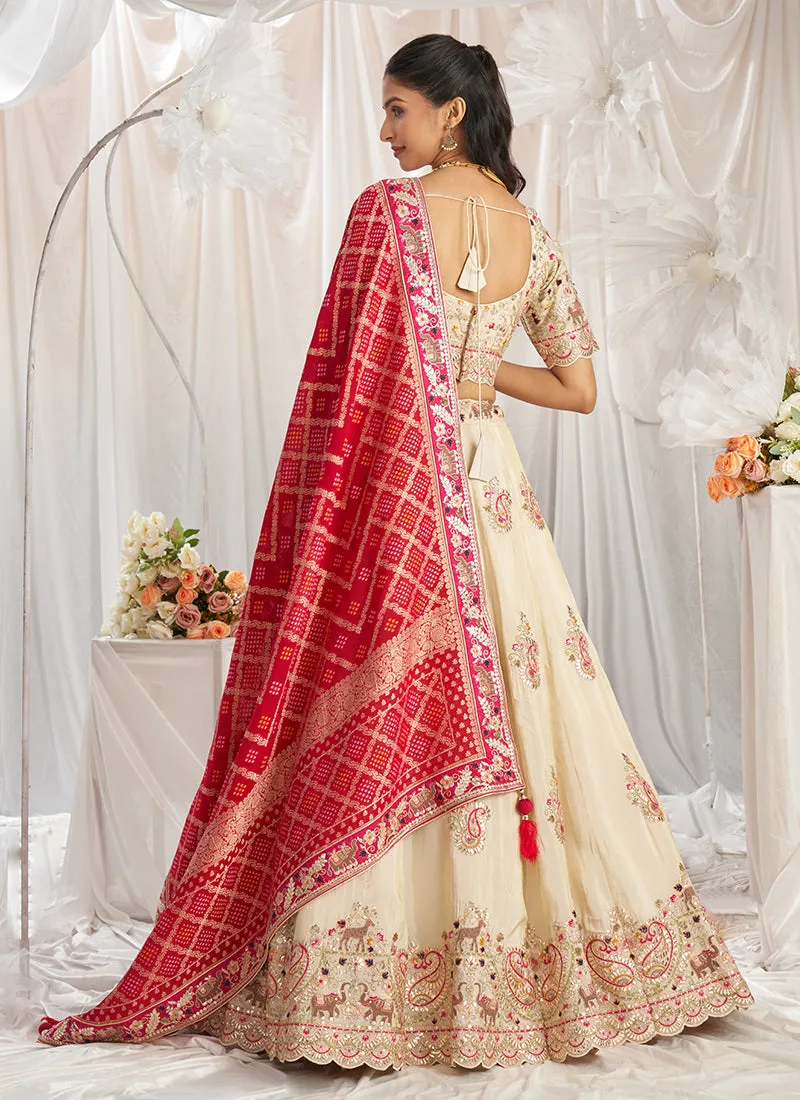 Beige And Magenta Multi Embroidery Bridal Lehenga Choli