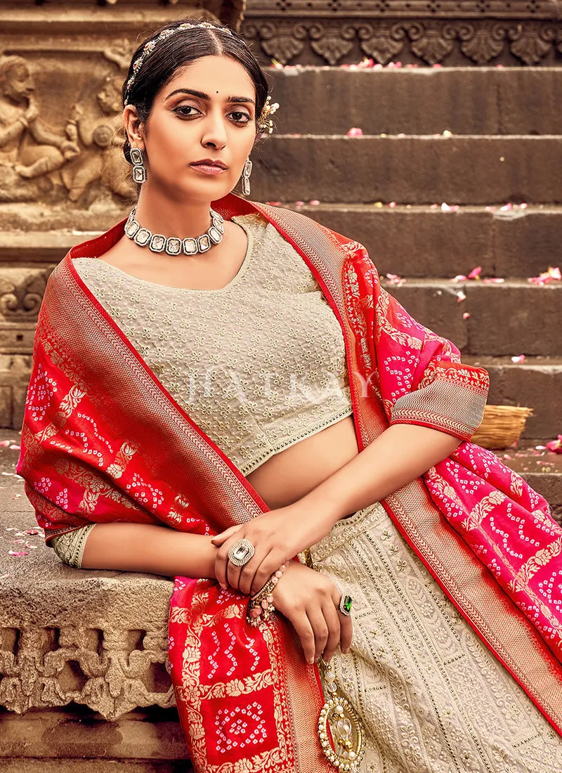 Beige And Red Embroidery Georgette Lehenga Choli