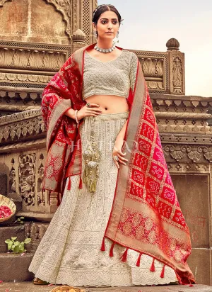 Beige And Red Embroidery Georgette Lehenga Choli