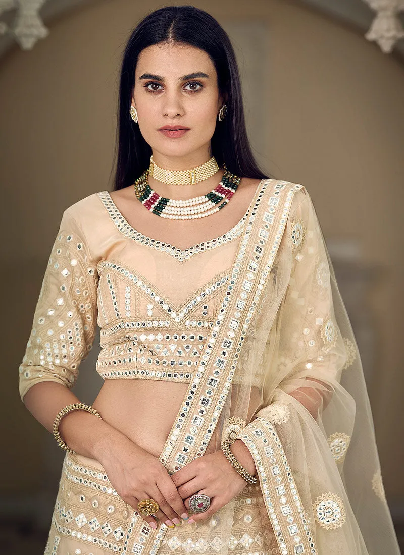 Beige Foil Mirror And Thread Embroidered Designer Lehenga Choli