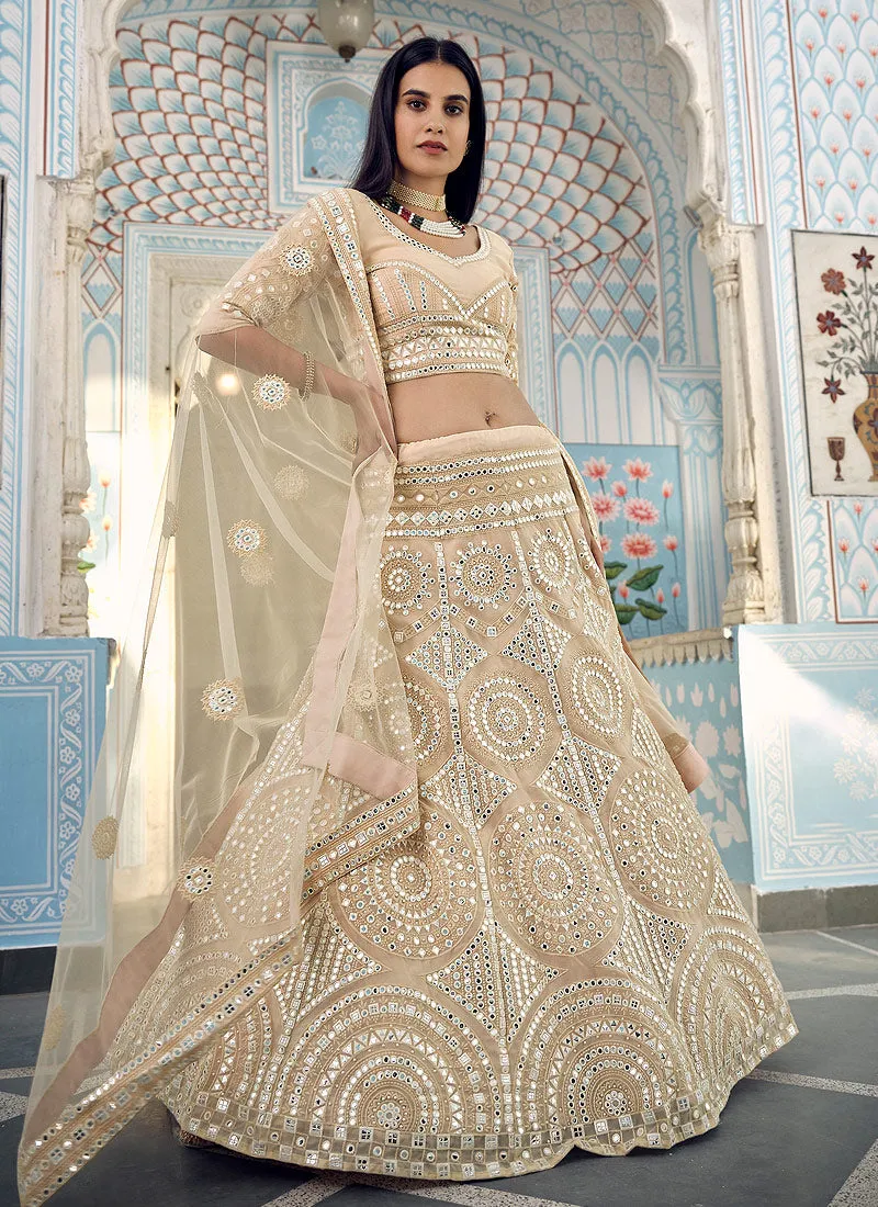 Beige Foil Mirror And Thread Embroidered Designer Lehenga Choli