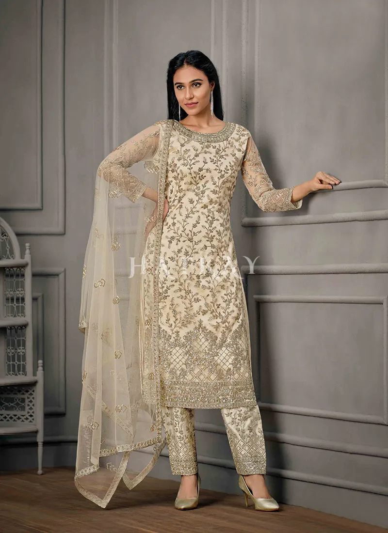 Beige Golden Embroidered Pant Suit