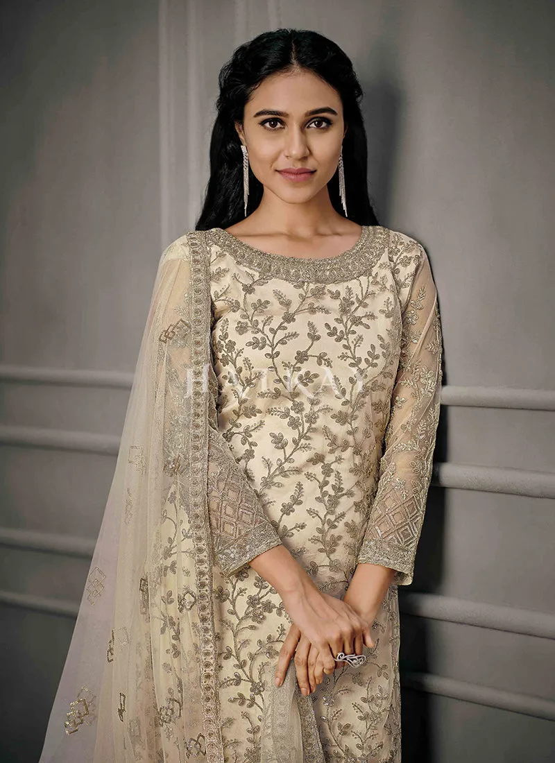 Beige Golden Embroidered Pant Suit