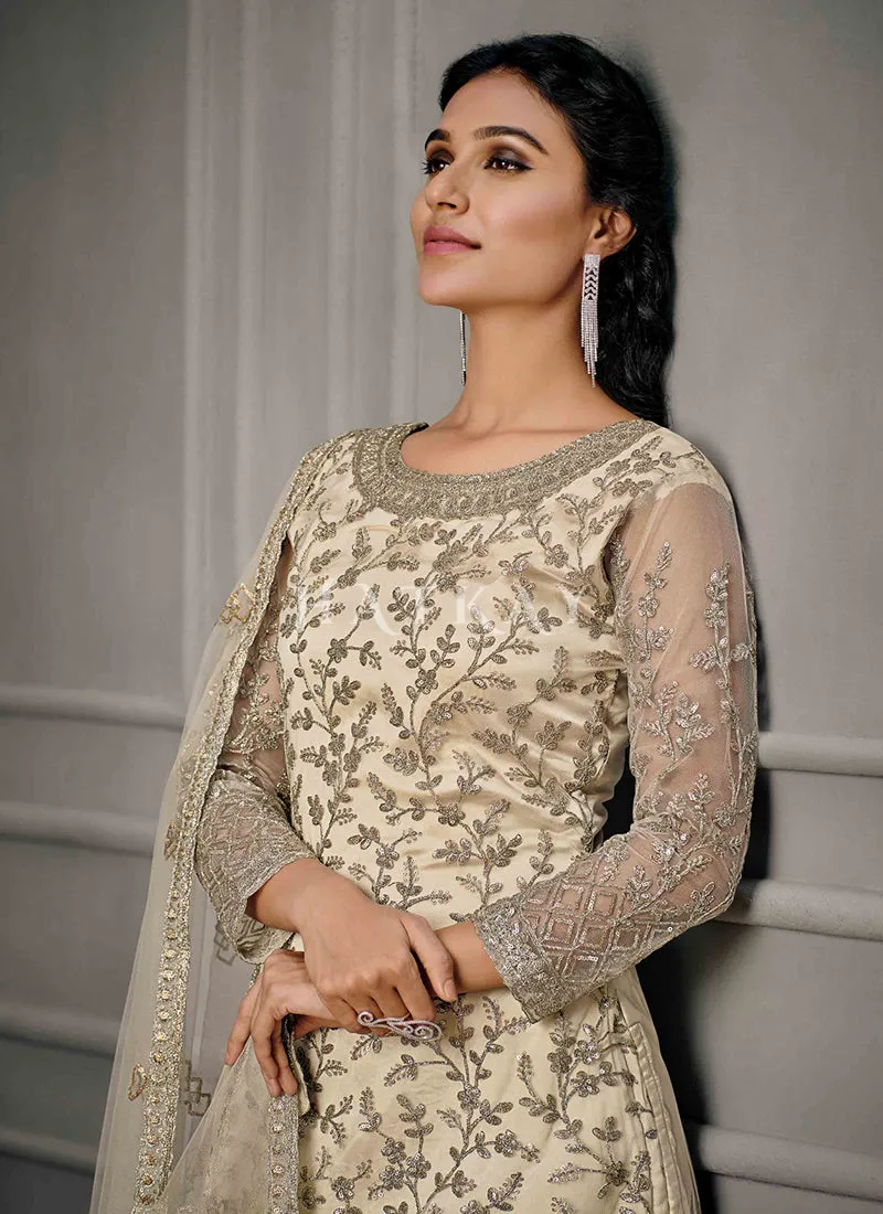 Beige Golden Embroidered Pant Suit