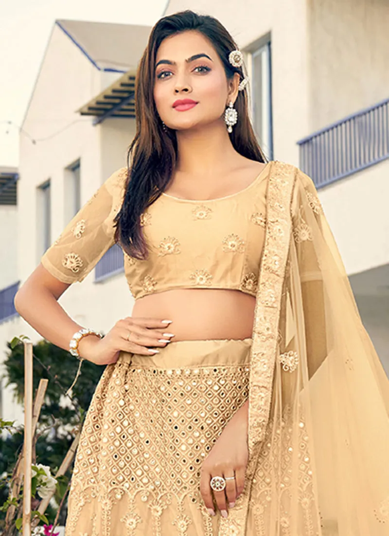 Beige Mirror Work Embroidery Designer Lehenga Choli